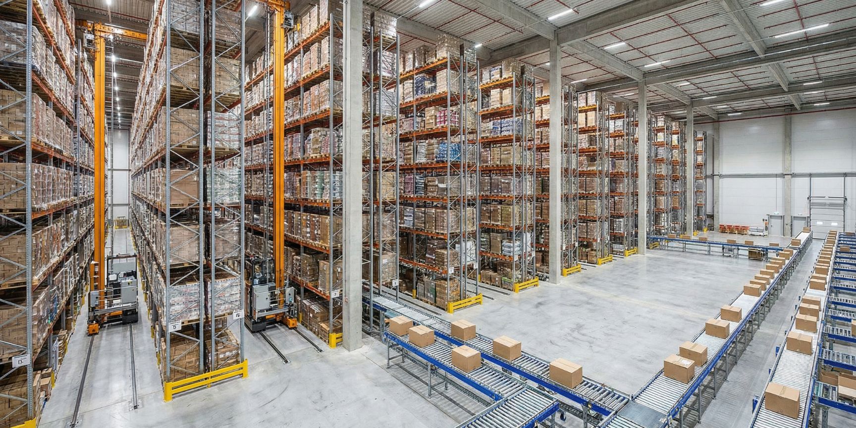 Interior view of a modern high-bay warehouse with automated storage and retrieval machines and conveyor technology, which represents the capacity and efficiency of a medium-sized warehouse.